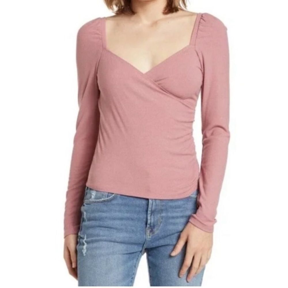 Abound Nordstrom Faux Wrap Top Pink Nostalgia V-Neck Long Sleeve Top Small NWT